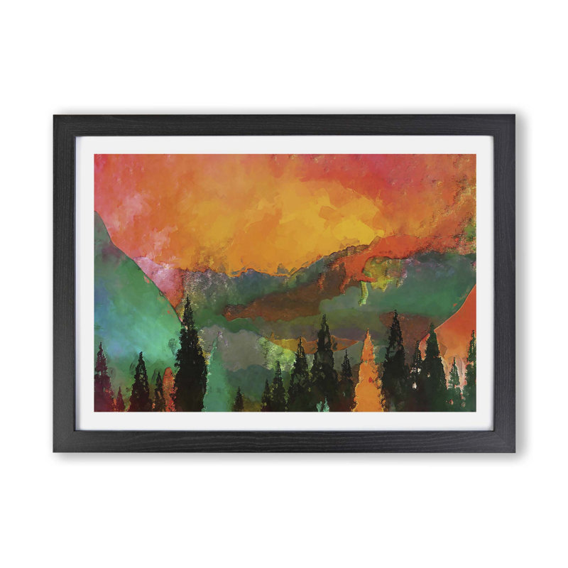 Trees At The Foot Of A Setting Sun - Single Picture Frame Painting, Black, 62cm H x 87cm W x 2cm D