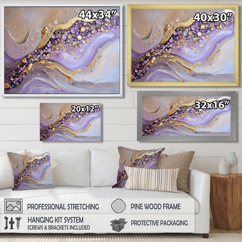 Géode dorée et mauve, pierres, rivière II, Toile tendue, Ne s’applique pas, H 24 po x l 32 po