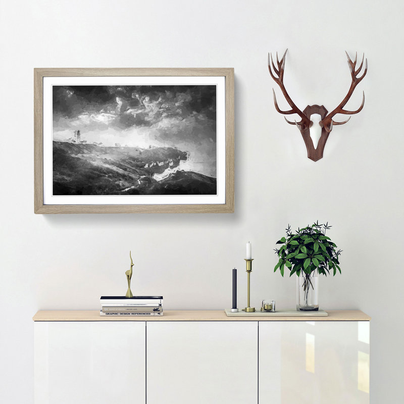 Moody Lighthouse and Seascape - Picture Frame Graphic Art Print, 62cm H x 87cm W x 2cm D, Oak Framed