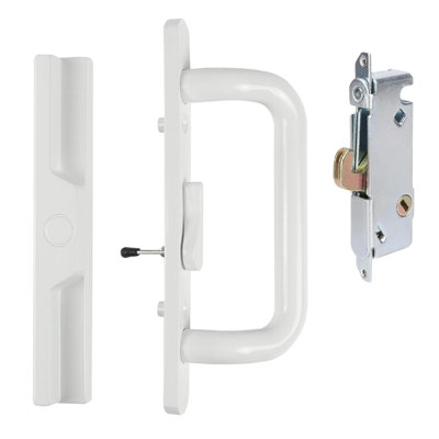 Sliding Glass Door 8.5" Handle Set Replacement Mortise Lock 45° Non-keyed Door Handles, Right-Handed Orientation, Fits 3-15/16” Screw Hole Spacing - White