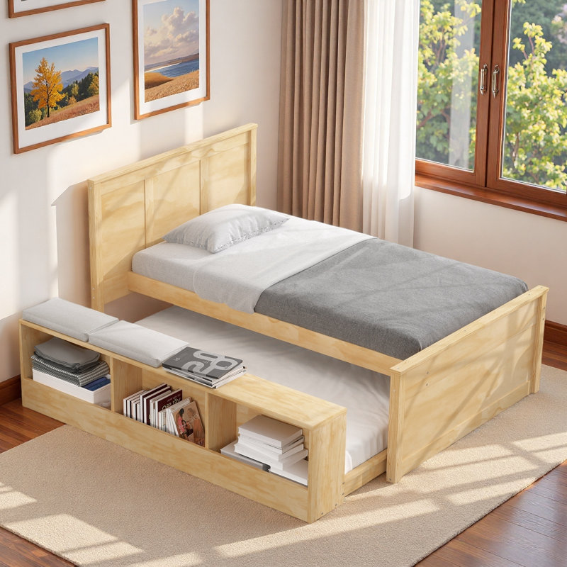 Lit plateforme en bois avec lit gigogne escamotable et compartiments de rangement latéraux, Lit simple, Naturel