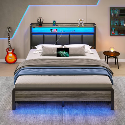 Bed with Headboard and Power Outlets, Upholstered bed with 4 Drawers and RGB LED Lights