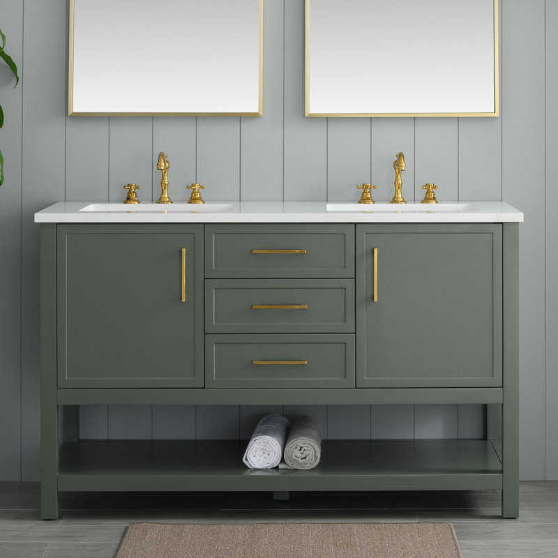 Ensemble de meuble-lavabo double 54 po Vicini, Vert rétro / or brossé
