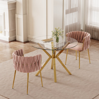 Modern Round Clear Dining Table Set, Tempered Glass Dining Table With Velvet Weavon Dining Chair For Dining Room