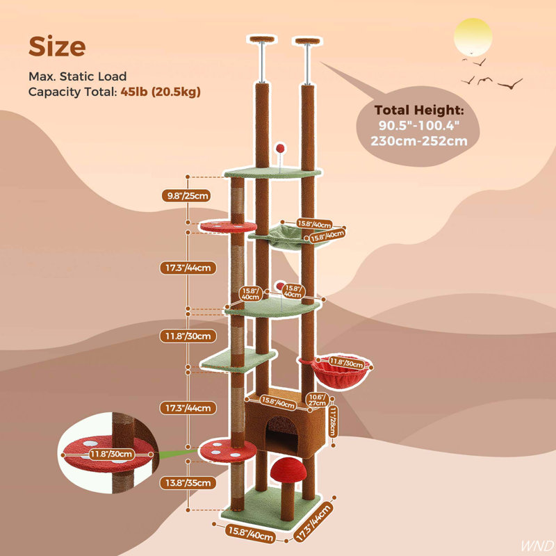 Adjustable Brown and Green Tall Cat Tree with Condo and Hammock
