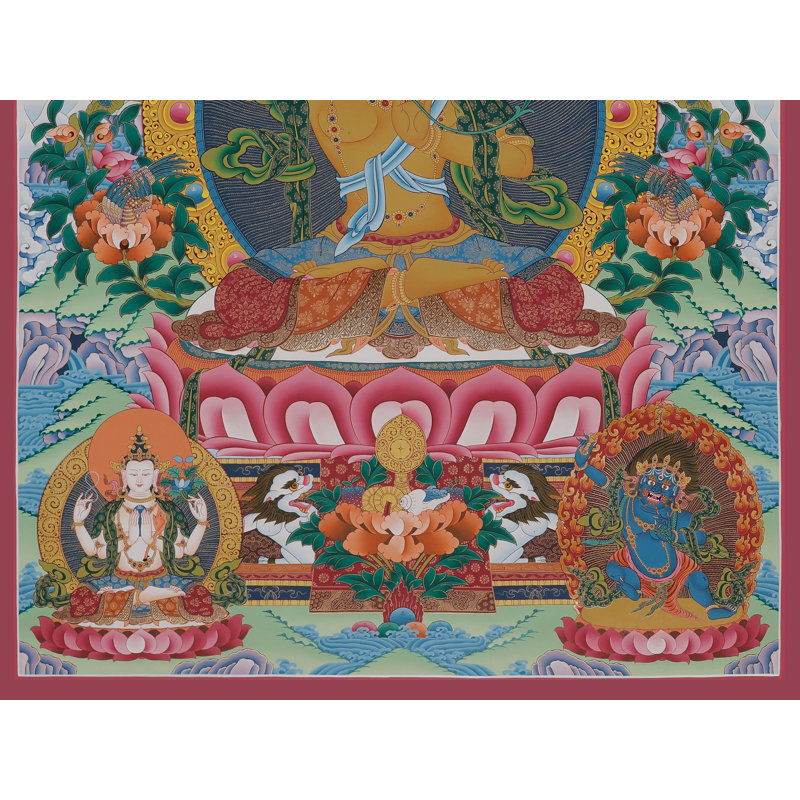 Art mural Manjushri Thangka - divinité bouddhiste tibétaine peinte à la main, toile sans brocart avec or 24 carats, illumination et méditation
