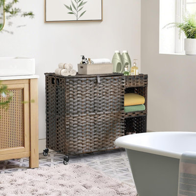 Panier à linge à roulettes, 160 litres, trieur de linge avec étagères, panier à linge en rotin avec 4 doublures amovibles et 3 sacs en filet, organisateur tissé à la main pour chambre, salle de bain, buanderie, (brun)