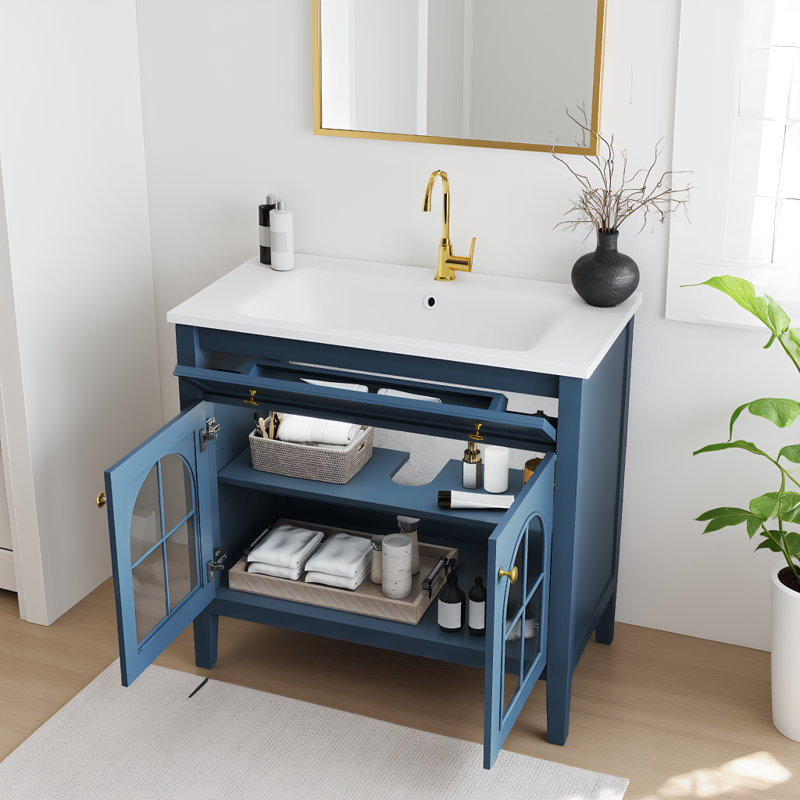 Meuble-lavabo autoportant 35,6 po Mid-Century avec lavabo en verre à motif, bande lumineuse à capteur de mouvement et armoire de rangement