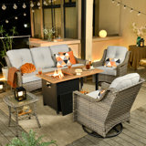 5 - Person Patio Furniture Set with Swivel Rockers, Outdoor Wicker Rattan High Back Seating Group with Cushions, All Weather Sofa Conversation Set with Fire Pit Table for Garden Backyard