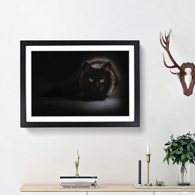 Black Cat with Yellow Eyes - Picture Frame Art Print on MDF, 27cm H x 36cm W x 2cm D, Black Framed