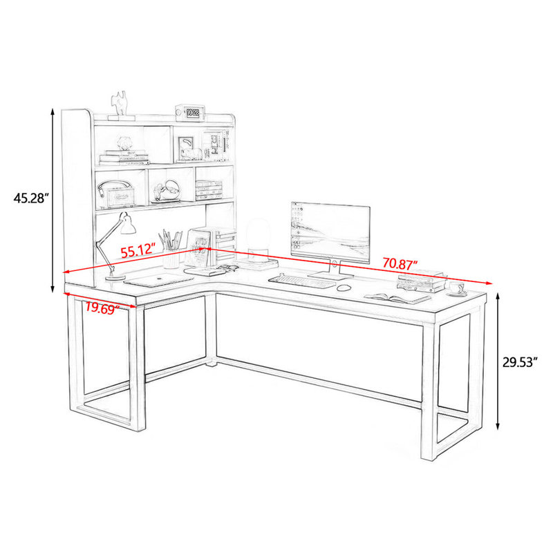 Bureau d'angle en L en bois massif avec bibliothèque intégrée, H 74,8 po x l 70,87 po x P 55,12 po, Retour à gauche