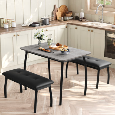 Dining Table Set for 4-6 3 PCS Kitchen Table Set with 2 Upholstered Benches for Apartment Saving Space