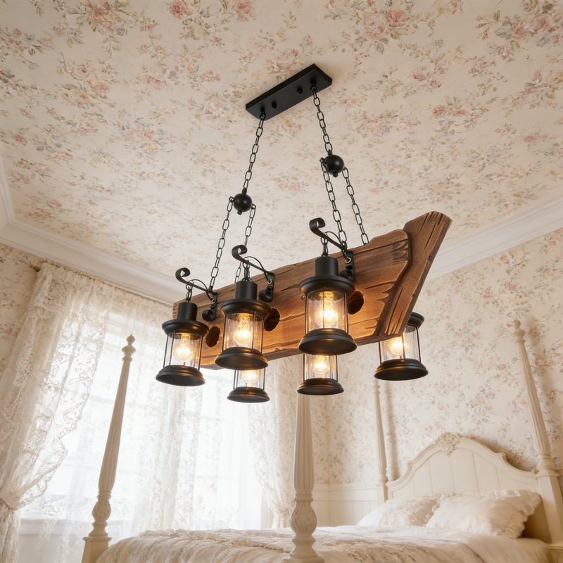 Lustre 6 lumières en bois Farmhouse