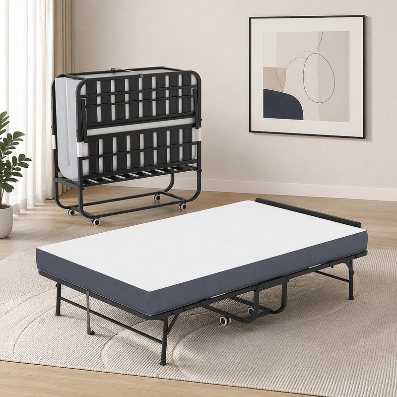 Lit pliant de 75 po x 46 po de large avec tête de lit réglable, lit extra long escamotable pour les personnes de grande taille, matelas en mousse viscoélastique de 5 po, lit d'invité robuste sur roulettes, lit simple spacieux