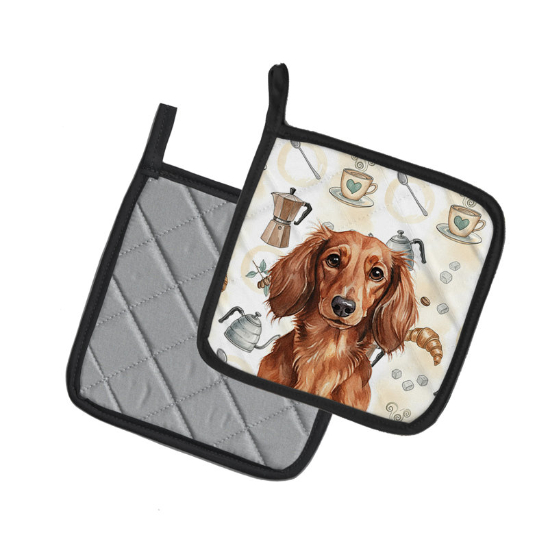 Longhaired Red Dachshund Coffee Bar Pair of Pot Holders