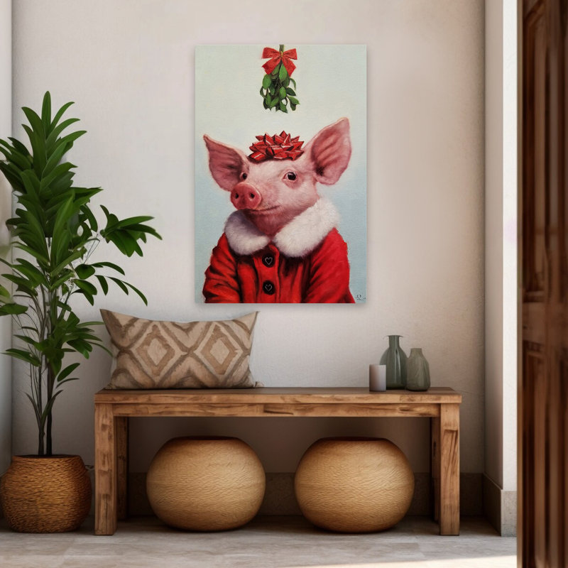 Anticipation - enfants, animaux, urbain, pop, surréalisme, humour, cochons, fêtes, art de Noël, H 48 po x l 32 po