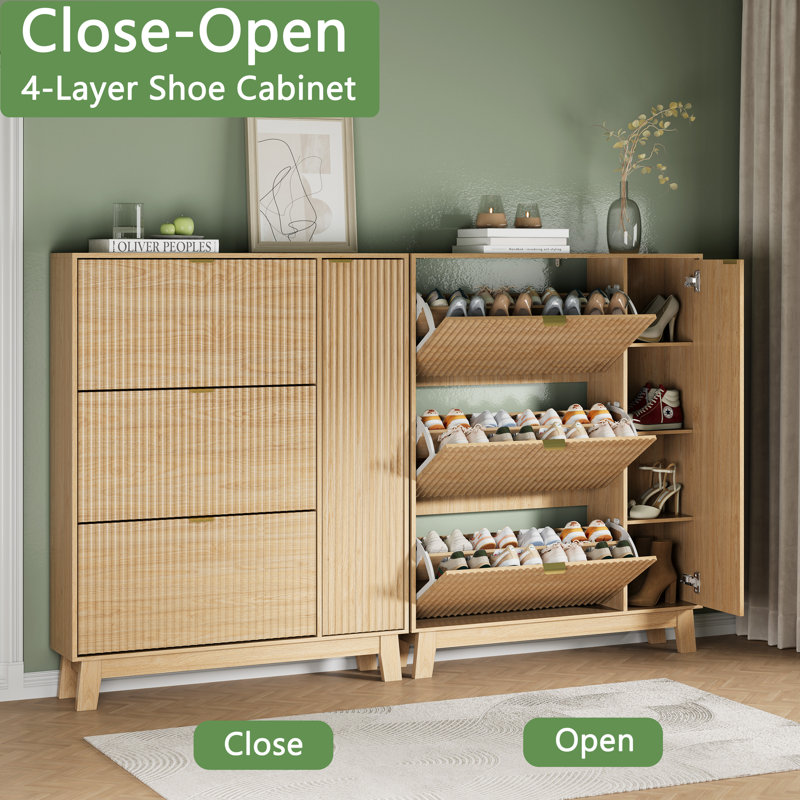 Fluted Shoe Cabinet with 3 Flip Drawers and Side Cabinet, Narrow Freestanding Storage for Front Door Entrance, Beige