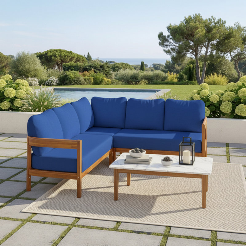 Ensemble de conversation en bois pour patio avec coussins, Bleu