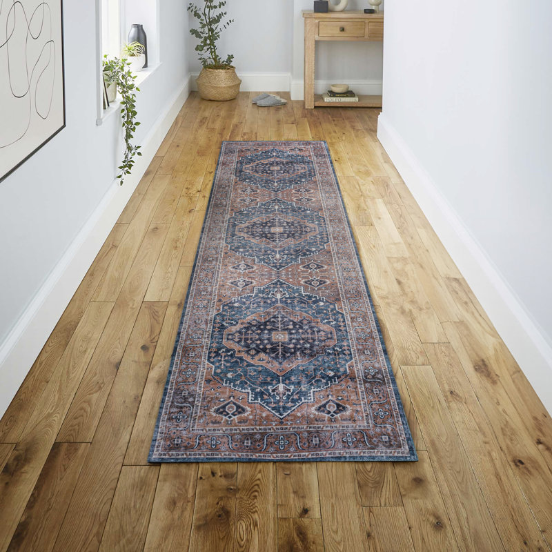 Alacati Ogee Medallion Machine-Washable Navy/Brown Rug, Runner 2' x 8'