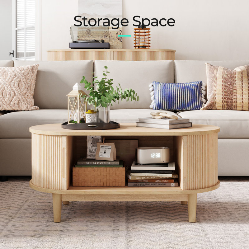 Leathia Fluted Coffee Table With Storage, Oak Wood
