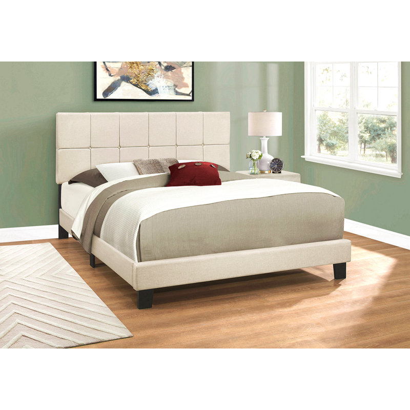 Lit, grand lit, tapissier, aspect lin beige, pieds en bois noir