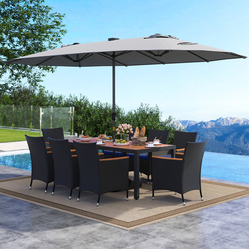 11 PCS Patio Dining Set w/ 15ft Double-Sided Patio Umbrella (Base Included) Gray, Navy, Gray