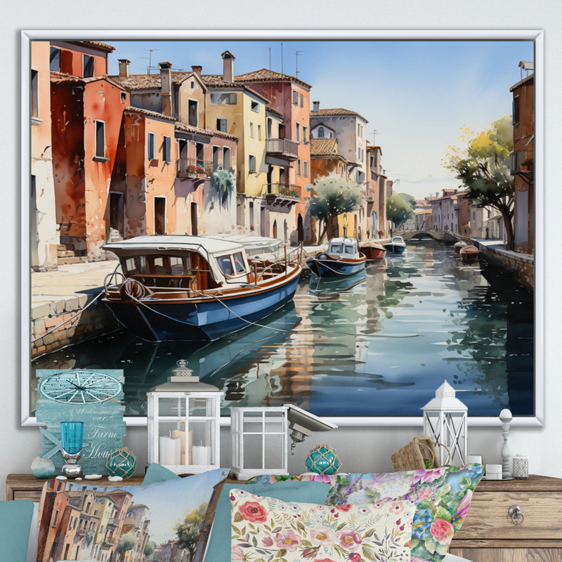 «Beige Canal Watercolor Whimsy III», reproduction sur toile, H 16 po x l 32 po x P 1 po, Cadre flottant blanc