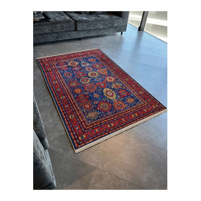 Tapis décoratif rétro bleu traditionnel lavable à la machine