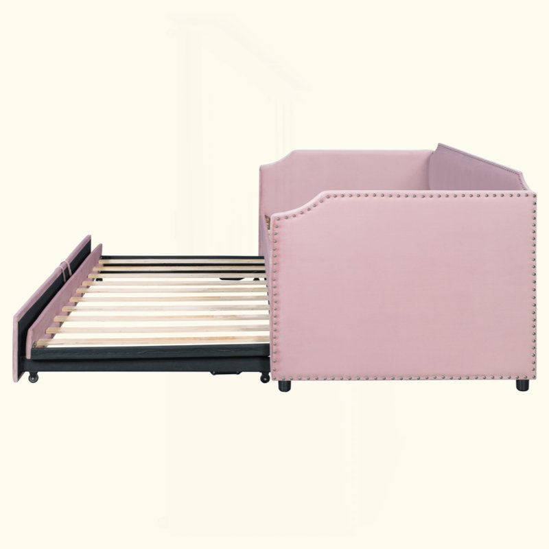 Velvet Upholstered Daybed With Pop Up Trundle, Pink