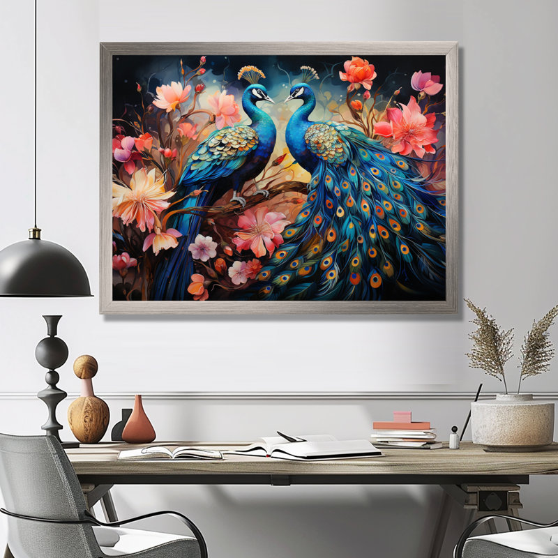 «Blue Coral Indian Art Dancing Peac II» - Art mural indien, H 30 po x l 40 po x P 1,5 po, Cadre flottant brun