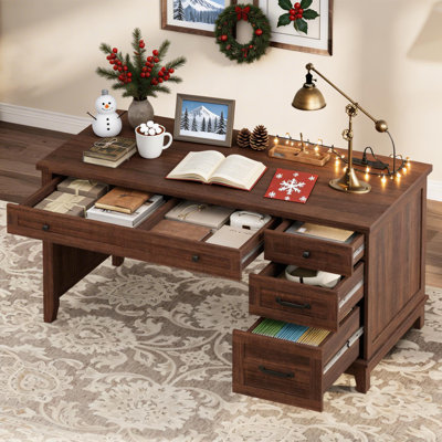 Bureau de maison de campagne 53,5 po avec classeur, bureau de direction en bois avec prise de courant, bureau de travail avec tiroirs, bureau rectangulaire et table d'écriture pour la maison et le bureau.