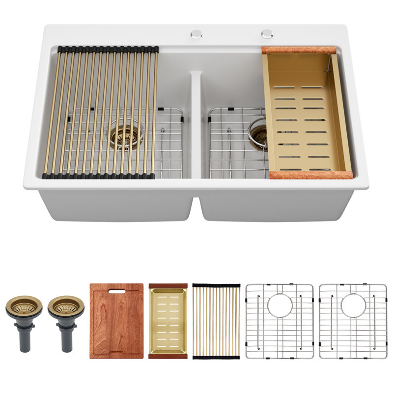33" L x 22" W Double Bowl Rectangular Top-Mount Workstation Quartz Kitchen Sink Low-divider Granite Composite Sink
