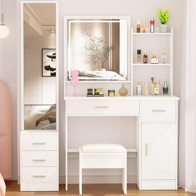 Bureau de maquillage avec lumières et miroir pleine grandeur, ensemble de coiffeuse avec 3 modes d'éclairage, coiffeuse avec tiroirs, grand bureau de coiffeuse pour la chambre à coucher, prises et tabouret inclus