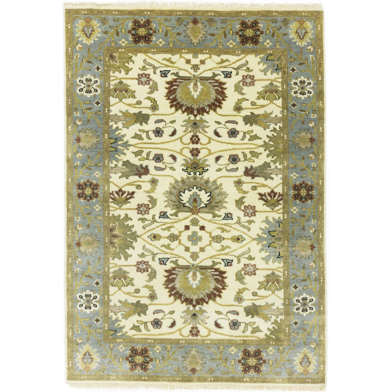 Tapis crème en laine noué à la main floral 4 pi x 5 pi 11 po Floral