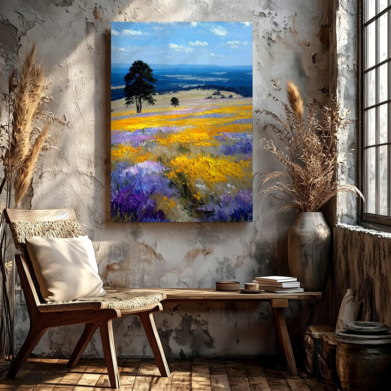 Reproduction d'art sur toile Wildflower Meadow Landscape, champ, arbre, chemin, ciel bleu, 18 x 24 in