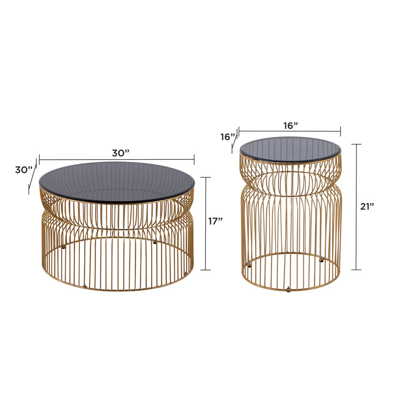 Ensemble de table (table basse et table de bout) - Plateau en verre avec base en métal, Doré