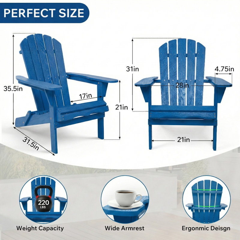 Embossed Wooden Outdoor Folding Adirondack Chair with Pre-Assembled Backrest & Seatboard, Navy
