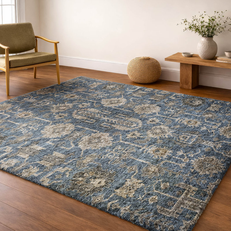 Tapis oriental à poil long de qualité supérieure lavable à la machine ADS697, Marine, 5 pi x 7 pi 6 po