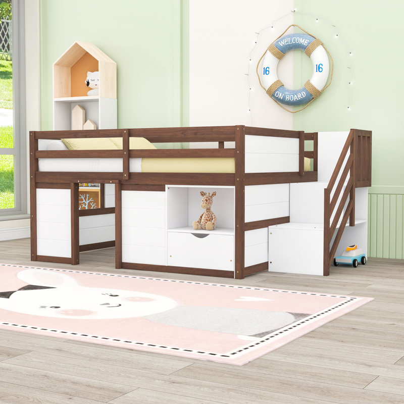 Lit mezzanine double en bois avec tiroir de rangement, tablettes et lattes, White Walnut