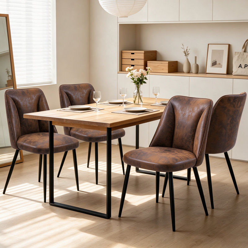 Modern Linen/Suede Upholstered Dining Chair with 8cm Thickened Cushion, Brown Suede, 4
