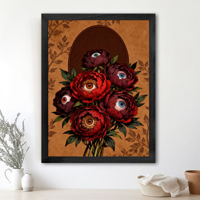 Art mural rétro noir avec pivoine globe oculaire, impressions de style rétro