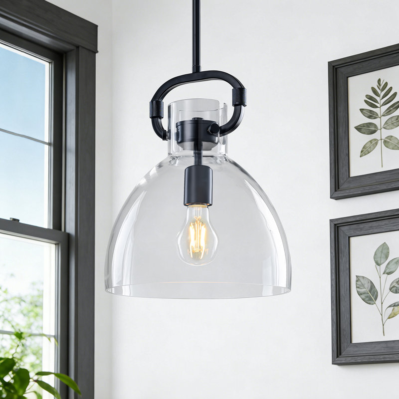 Rooker 1-Light 9.8in Industrial Kitchen Island Pendant Light With Clear Glass Shade, Matte Black, Transparent