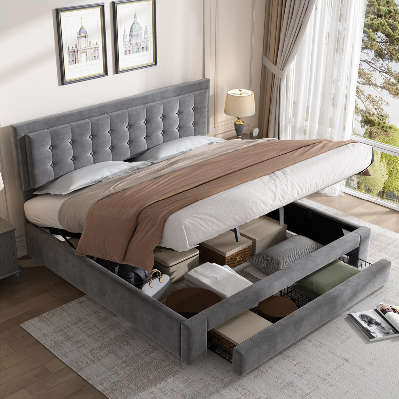 Upholstered ottoman bed velvet, Grey, Kingsize (5')