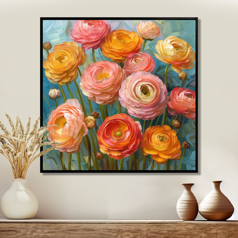 Reproduction d'art rose, rose et orange, Summer Meadow III - Renoncule, Black Picture Framed, 30" H x 30" W