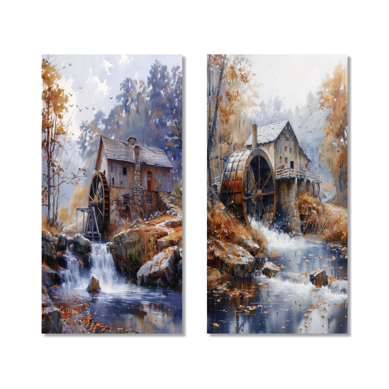 Ensemble de 2 décorations murales en métal gris et orange avec moulin à eau Wonder Mill I, H 40 po x l 40 po