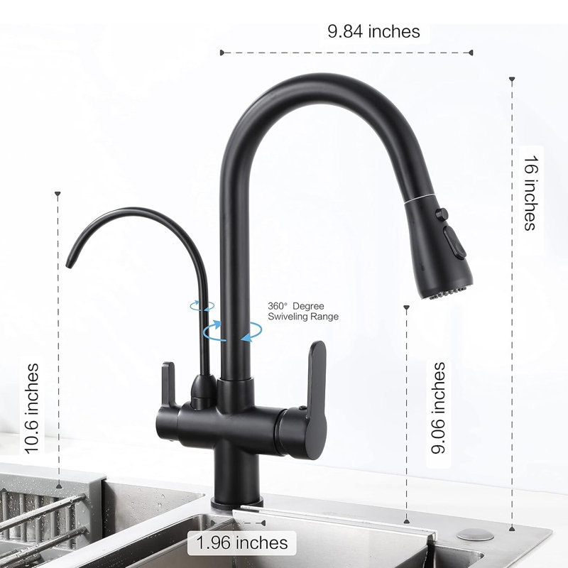 Kitchen Sink Faucet with Pull Down Sprayer 2 Handle 3 in 1 Water Filter Purifier Faucets, Matte Black