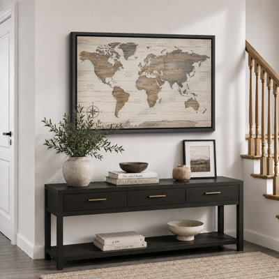 Illustration de carte du monde rustique, photos de bureau, impression sur toile encadrée