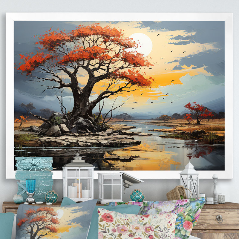 Paysage de baobab rouge sur toile, H 16 po x l 32 po x P 1 po, Cadre photo blanc