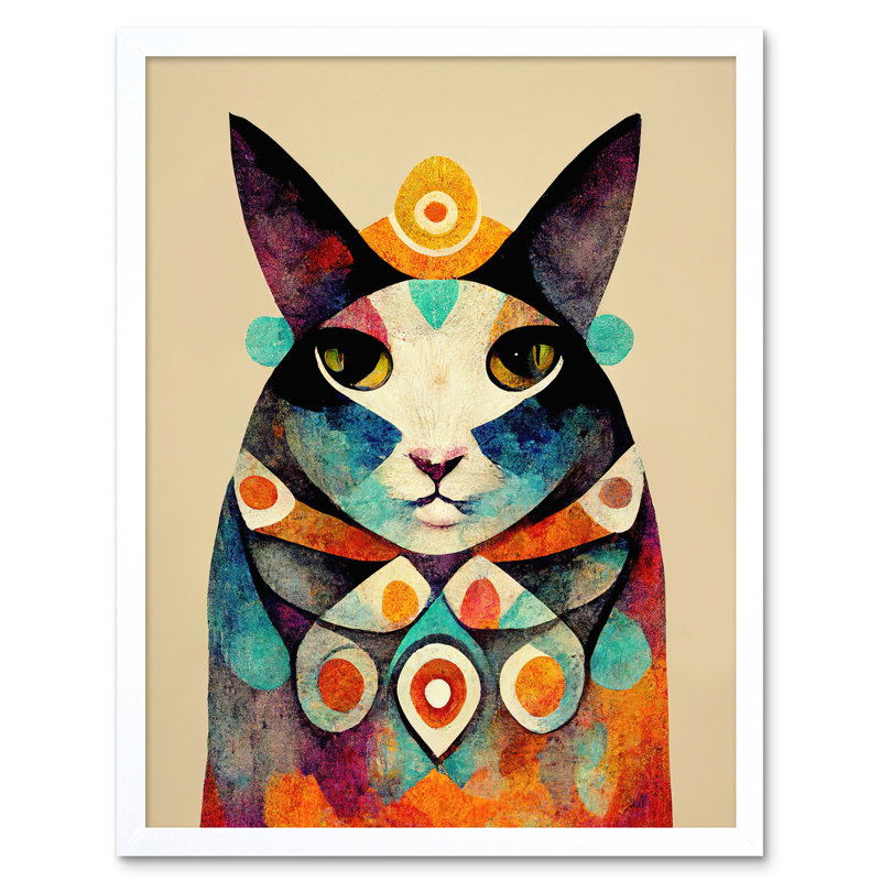 Boho Abstract Modern Shaman Guru Cat - Painting, 43cm H x 33cm W, White Framed Paper