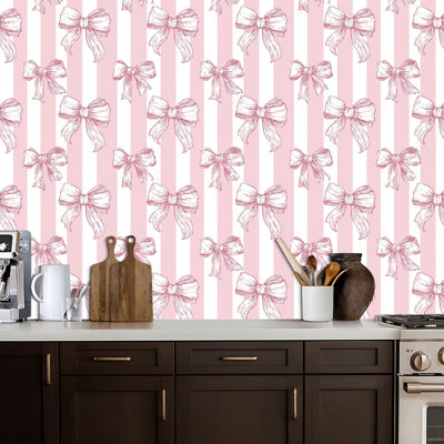 Papier peint adhésif à rayures et nœuds roses, style coquet, avec rubans anciens et bannières girly. Papier contact à la mode, amovible et autocollant, pour la décoration murale de chambre, cuisine et placards (45 cm x 300 cm).